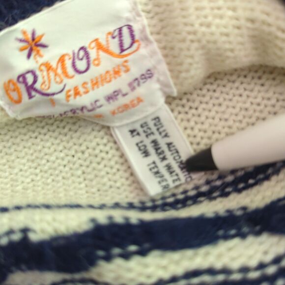 Vintage Omond Fashions Cardigan Sweater Womens Medium Blue White Fringe - Picture 6 of 7